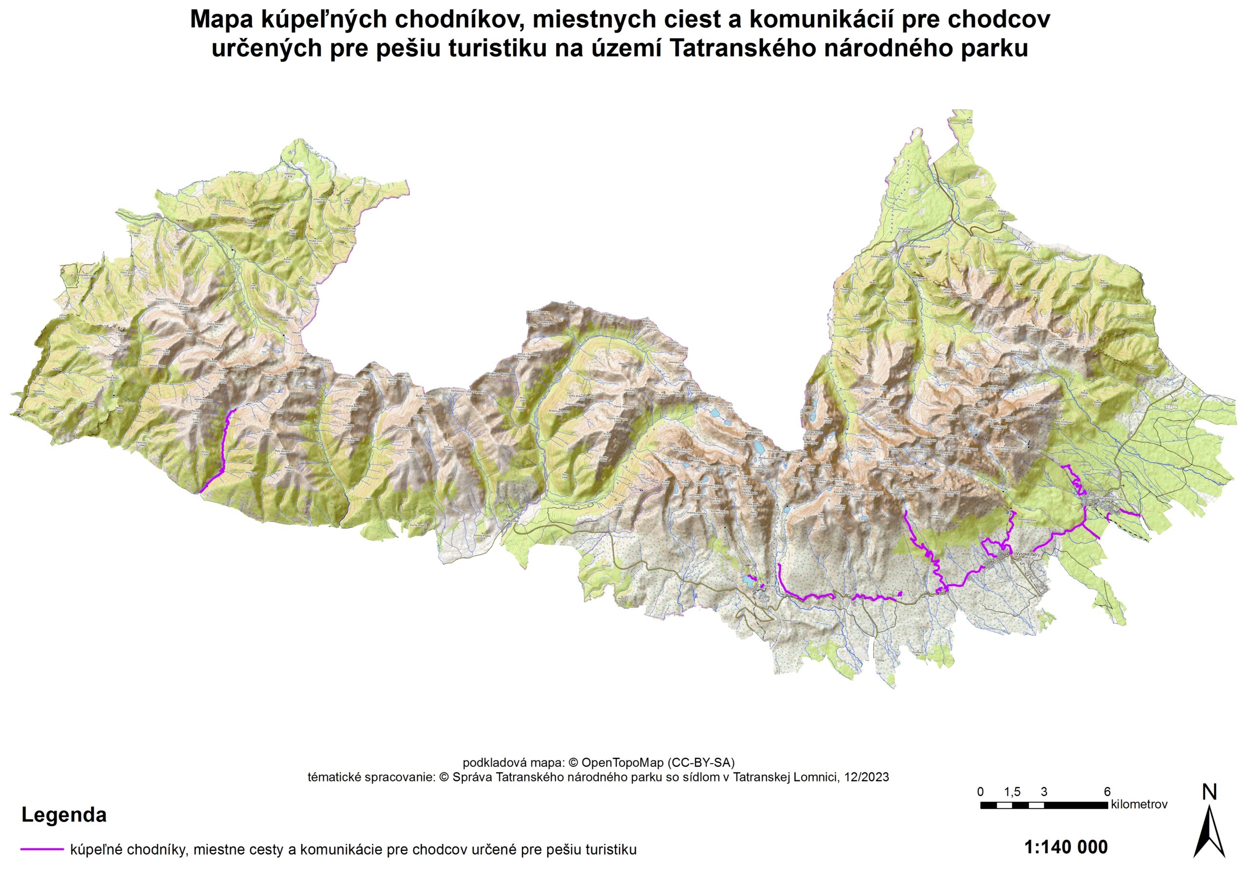 Mapa kúpeľných chodníkov, miestnych ciest a komunikácií pre pešiu turistiku na území TANAP-u